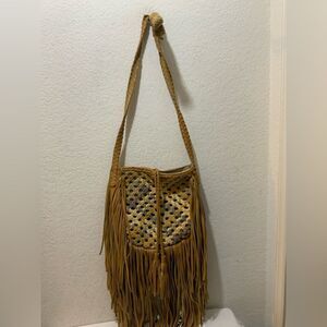Mossimo faux leather woven knot fringe hobo boho chic crossbody purse bag